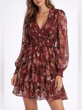 Willow & Clay Floral Mini Dress XL Burgundy Boho Long Sleeve Wrap Style